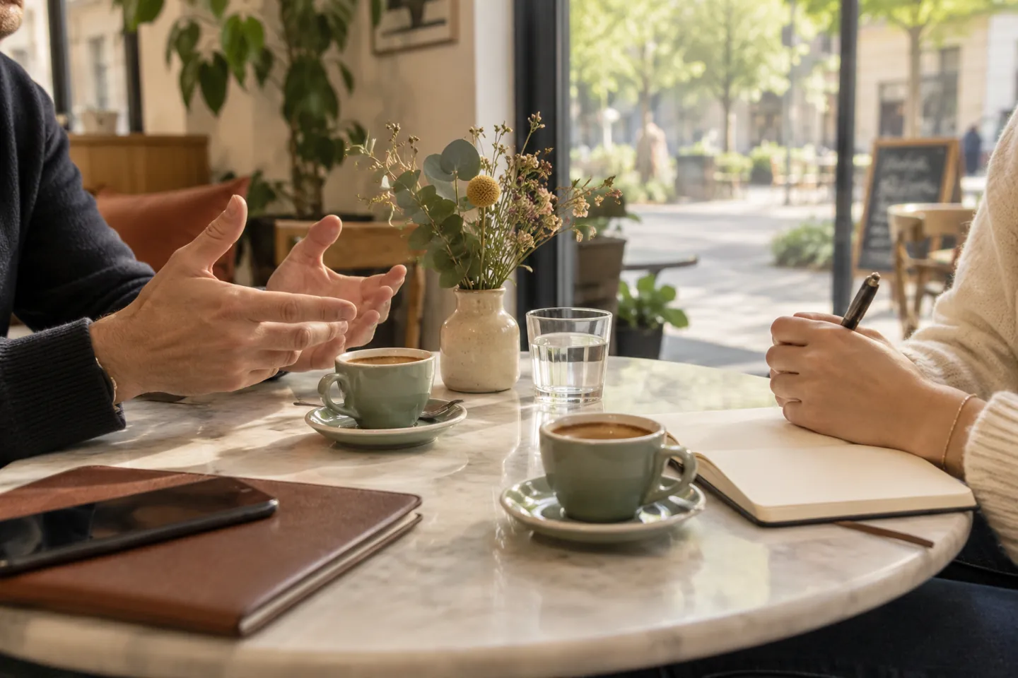Deux personnes échangent autour d’un café